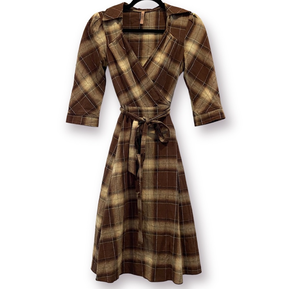 AD:HOC Plaid Faux Wrap Midi Dress Retro Small - Picture 2 of 9